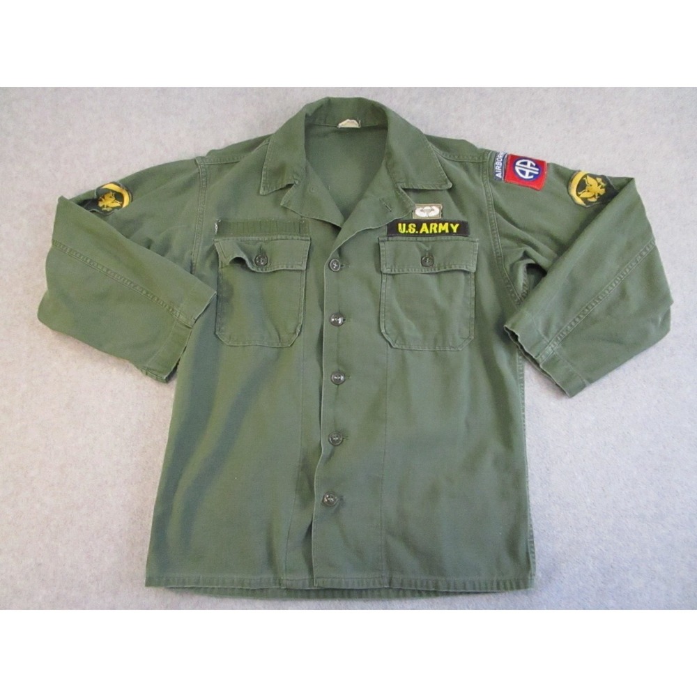 Vintage US Army Shirt Mens Small Green Airborne Paratrooper OG 107 Sateen 60s